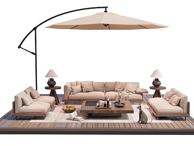 Comfortable Outdoor Sofa Set on Wooden Deck with Umbrella Side Lamps and Coffee Table 3d model
