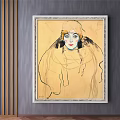 Portrait Painting of Seated Female in White Lace Dress with Decorative Chair and Framed Artwork