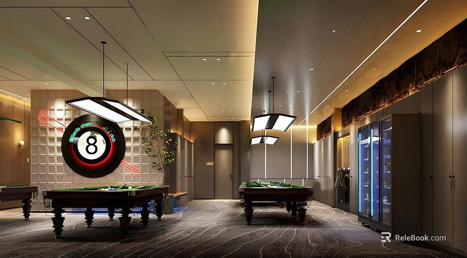 Stylish Billiard Room Interior With Multiple Tables Hanging Lights And Beverage Cooler 3d model 