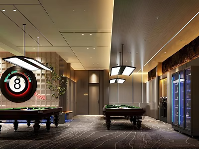 Stylish Billiard Room Interior With Multiple Tables Hanging Lights And Beverage Cooler 3d model