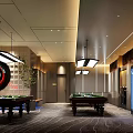 Stylish Billiard Room Interior With Multiple Tables Hanging Lights And Beverage Cooler