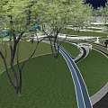 Scenic Waterfront Landscape Design Featuring Green Lawns Curved Pathways And Pedestrian Bridge