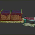 Traditional Architecture Model With Red Roof Brown Walls Bamboo Green Mossy Base And Small Pavilion