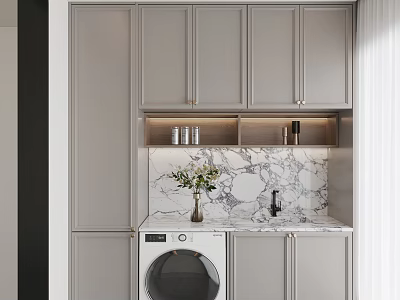Home Balcony With Gray Cabinets Marble Countertop Washing Machine And Flower Vase 3d model