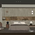 Serene Modern Bedroom Interior With Neutral Bedding Tropical Mural Accent Chair And Soft Rug