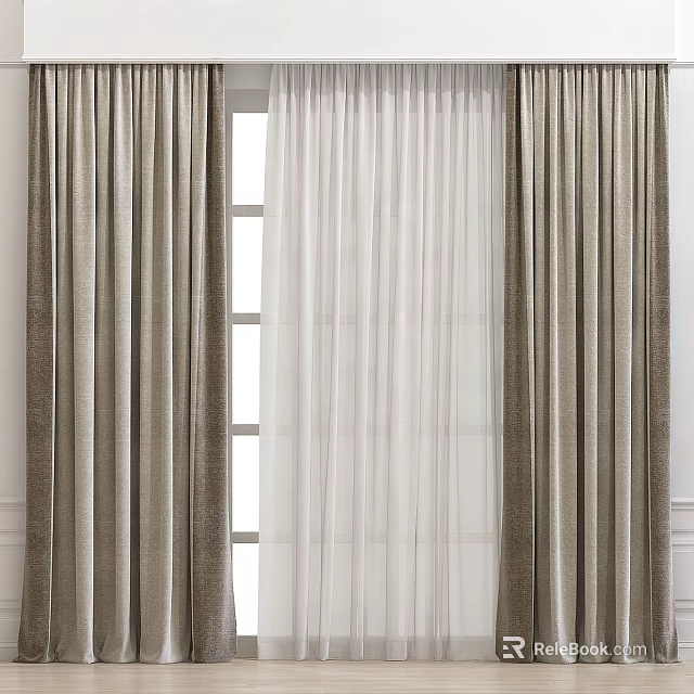 Elegant Light Brown Thick Drapes And Sheer Curtains For Home Window Decoration 3d model 
