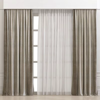 Elegant Light Brown Thick Drapes And Sheer Curtains For Home Window Decoration 3d model
