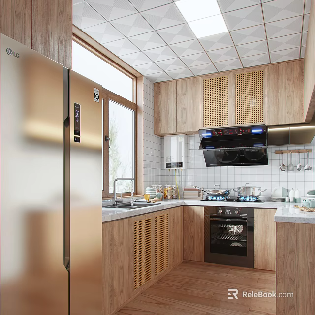 Modern Kitchen Interior With Wooden Cabinets Golden Refrigerator And White Tiled Walls 3d model 