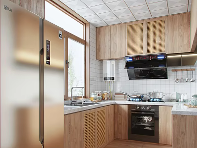 Modern Kitchen Interior With Wooden Cabinets Golden Refrigerator And White Tiled Walls 3d model