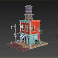 Two Story Blue And Orange Building With Water Tower Street Lamp Trash Can And Storefront