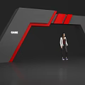 Gray And Red Game Themed Archway With Person Standing Under 3d model
