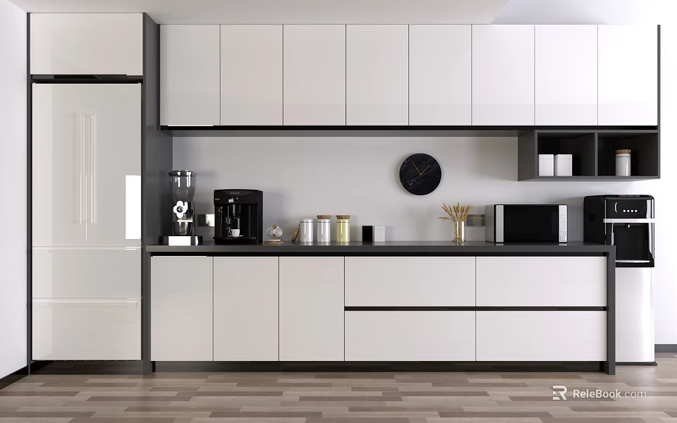 Modern Kitchen Interior With White Upper And Lower Cabinets Black Countertop And Appliances 3d model 