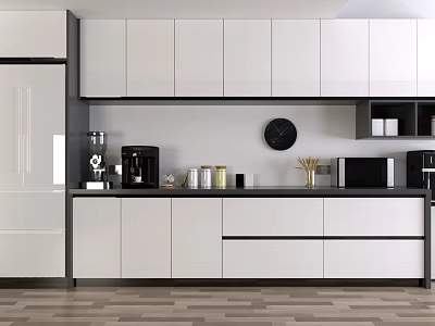 Modern Kitchen Interior With White Upper And Lower Cabinets Black Countertop And Appliances 3d model