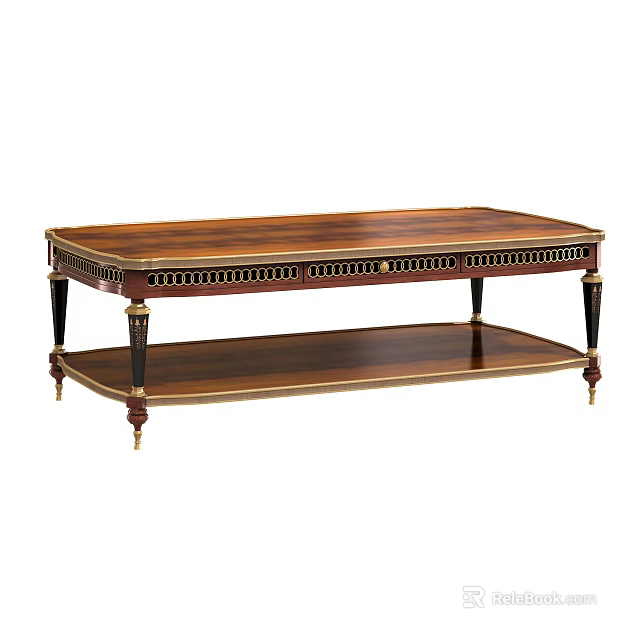 Elegant Wooden Coffee Table With Gold Trim Two Tier Shelf And Black Gold Legs 3d model 