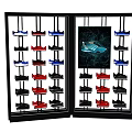 Retail Display Shelves with Multiple Layers Holding Various Colored Shoes and Central Poster