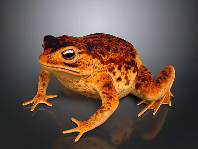 Reptile Toad With Brown Orange Spots And Prominent Eyes On Shiny Black Surface 3d model