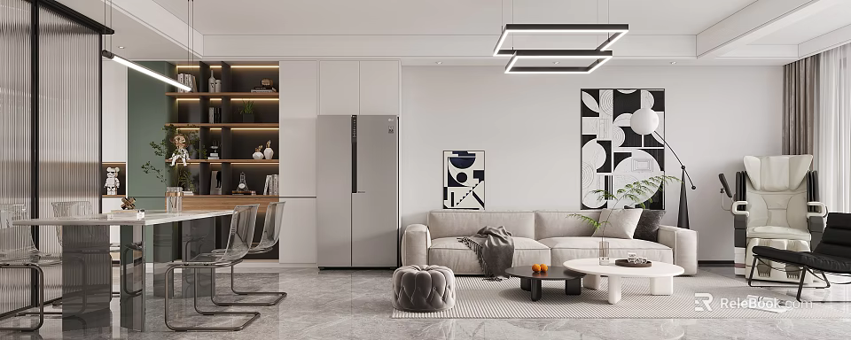 Modern Open Concept Living Dining Area With Sofa Coffee Table Dining Set And Pendant Lights 3d model