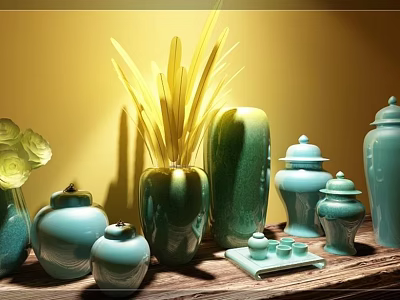 Warm Yellow Background Display Of Teal Ceramic Vessels Vases Jars And Lidded Containers 3d model