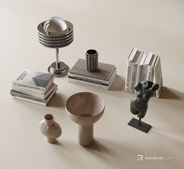 Modern Decorative Ornament Collection With Stacked Books Metallic Decor Terracotta Bowl Vase And Sculpture 3d model 