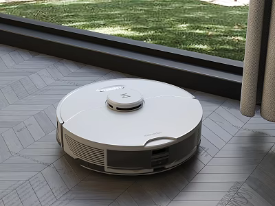 Smart White Automatic Robot Vacuum Cleaner On Wooden Floor Near Window 3d model