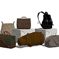 Diverse Luggage Bags Display With Woven Leather Backpack Handbag And Storage Case On Marble Platforms