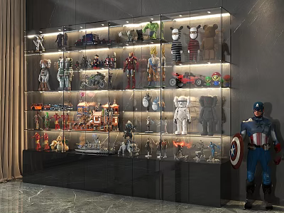 Glass Display Cabinet Showcasing Action Figures Collectibles And Models With Illuminated Shelves 3d model