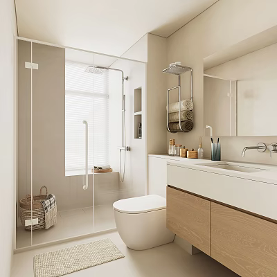 Modern Bathroom Interior With Glass Shower Toilet Wooden Vanity Mirror And Toiletries 3d model