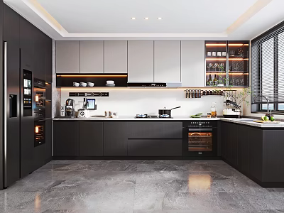 Modern Kitchen Interior With Dark Cabinets Built-in Appliances And Wine Shelves 3d model
