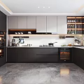 Modern Kitchen Interior With Dark Cabinets Built-in Appliances And Wine Shelves