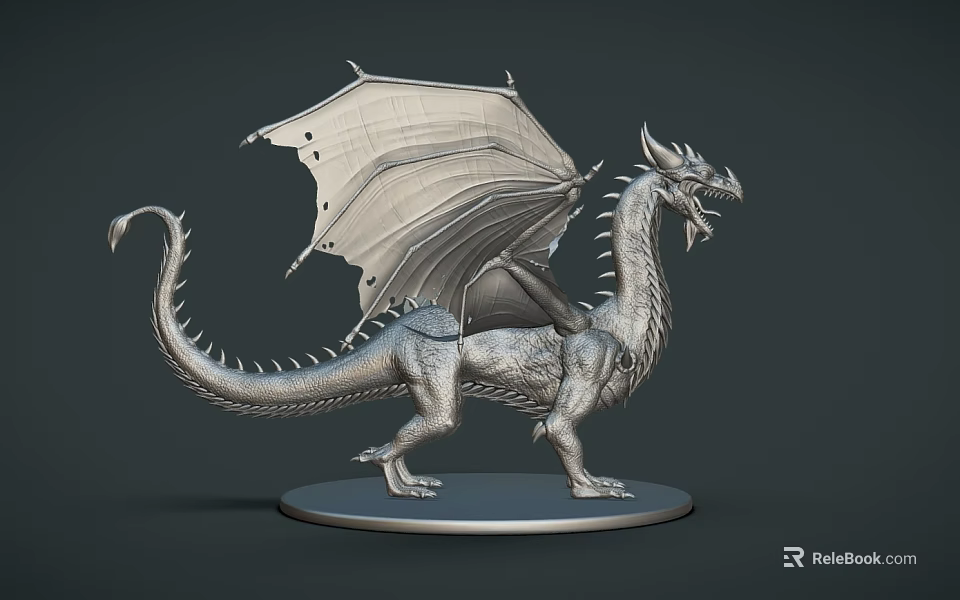 Intricate Silver Dragon Sculpture With Detailed Wings Scales And Standing Base 3d model 