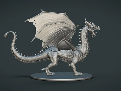 Intricate Silver Dragon Sculpture With Detailed Wings Scales And Standing Base 3d model