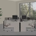 Office Desk With Two Monitors Two Chairs Large Potted Plant And Green Trees By Window
