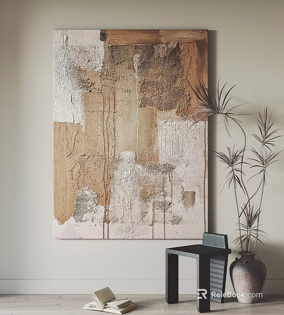 Textured Abstract Painting With Neutral Tones And Indoor Plant Near Black Side Table 3d model 