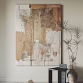 Textured Abstract Painting With Neutral Tones And Indoor Plant Near Black Side Table