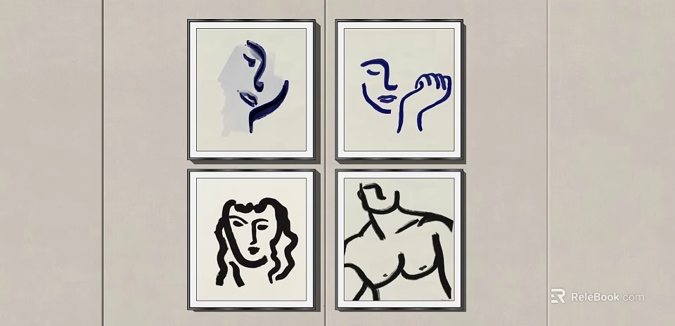 Minimalist Abstract Wall Art with Human Figures in Blue Black Lines as Four Piece Set 3d model 