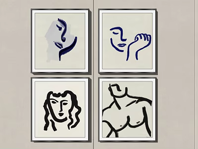 Minimalist Abstract Wall Art with Human Figures in Blue Black Lines as Four Piece Set 3d model