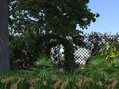 Scenic Natural View with Lush Trees Green Plants and Metal Fence Under Blue Sky 3d model