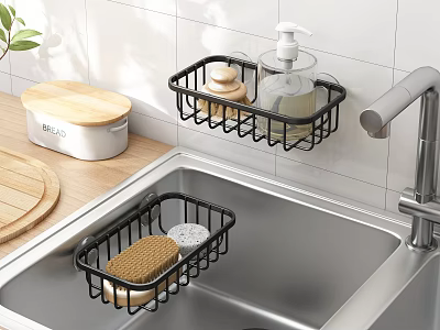 Kitchen Sink Area With Black Dish Racks Sponge Brush And Wall Mounted Organizer 3d model