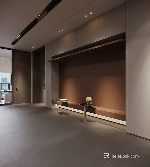 Modern Elegant Lounge Area With Bench Niche Lighting Floral Vase Gray Floor And Wooden Elements 3d model 