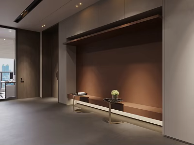 Modern Elegant Lounge Area With Bench Niche Lighting Floral Vase Gray Floor And Wooden Elements 3d model
