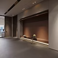 Modern Elegant Lounge Area With Bench Niche Lighting Floral Vase Gray Floor And Wooden Elements