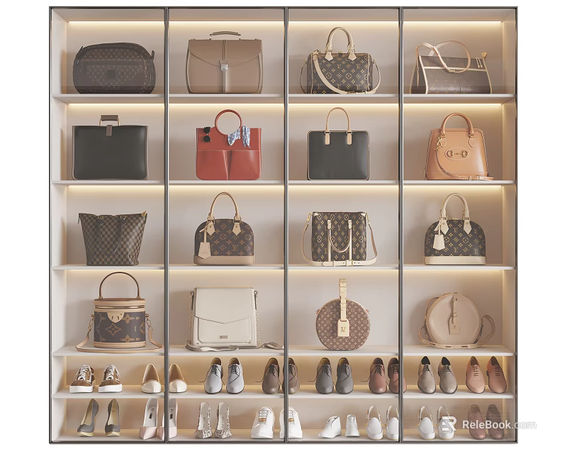 Luxury Bags And Shoes In Various Styles On Illuminated Shelves 3d model 