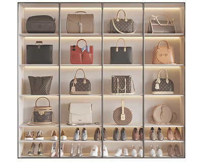 Luxury Bags And Shoes In Various Styles On Illuminated Shelves 3d model