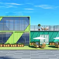 Modern Container Office With Green Blue Exterior Large Windows Terrace Outdoor Seating And Plants