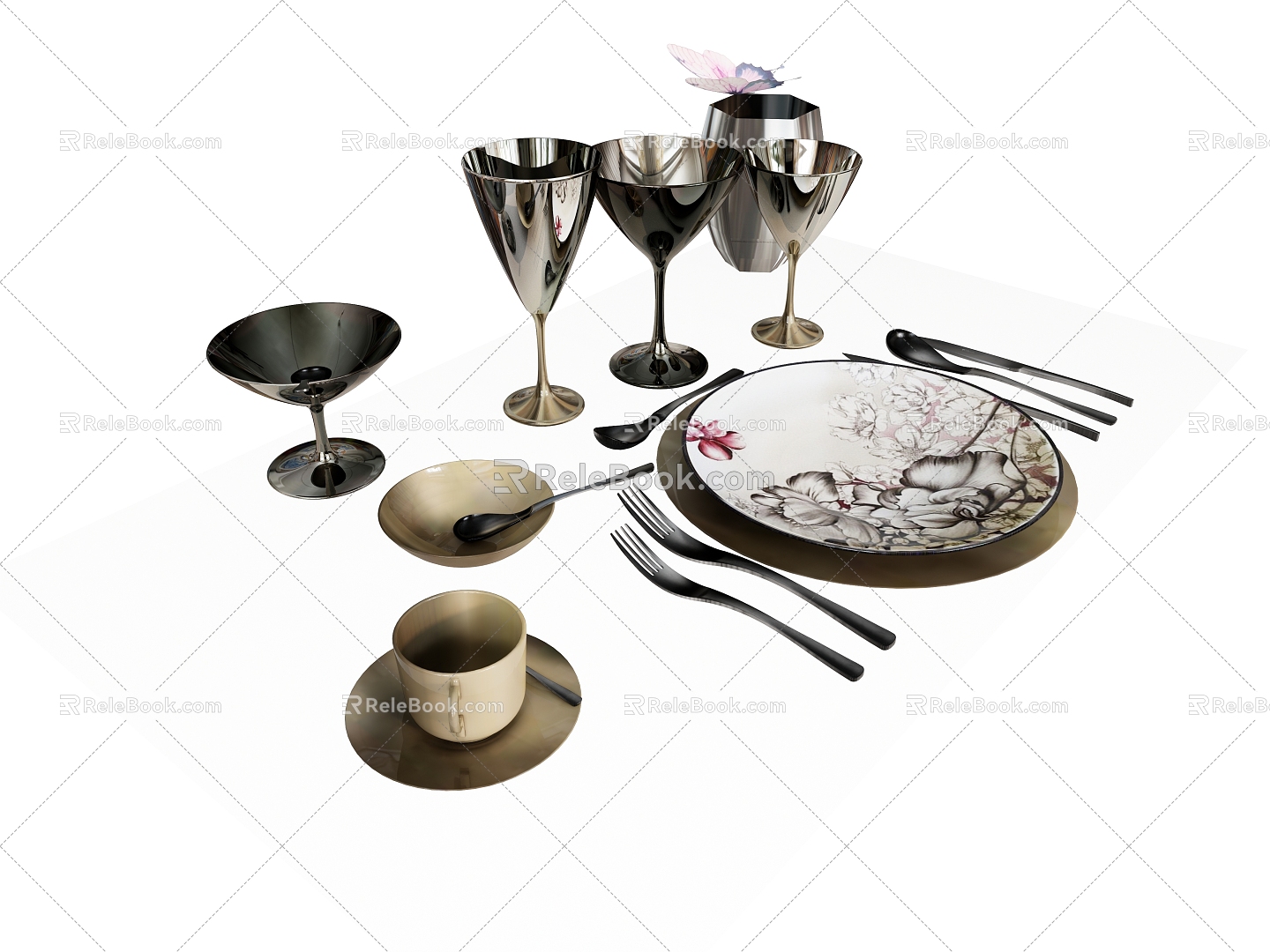 Tableware Dinner Plate Cup Wine Cup Knife and Fork Plate Tea Cup 3d model