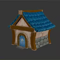 Cartoon House Scene With Blue Roof Pink Walls Wooden Frame Stone Accents And Blue Door