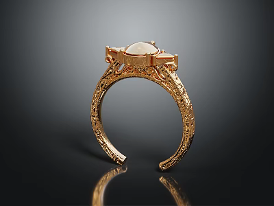 Elegant Gold Open Cuff Bracelet With Intricate Carvings And White Gemstone 3d model