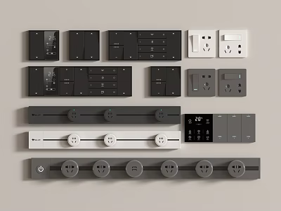 Modern Switch Panels in Black White Grey with Various Switches and Sockets 3d model