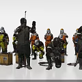 Multiple Workers in Colorful Safety Uniforms with Protective Gear and Equipment