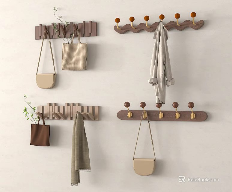 Wooden Wall Mounted Hook Racks With Round Knobs For Hanging Bags And Scarves 3d model 
